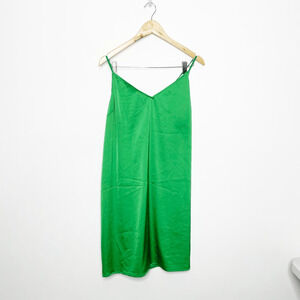 THE DROP Ana Silky V Neck Midi Slip Dress satin emerald green WOMENS XL